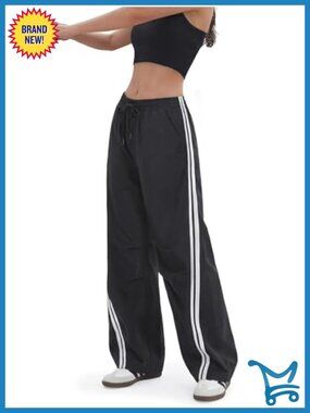 Wide Leg Track Pants Nylon Blend Lightweight Casual Y2K Parachute Pants
